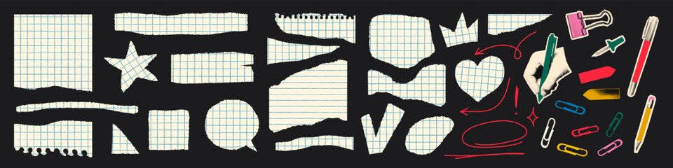 Torn paper pieces set with blue graph grid vintage texture, back to school, stationery paper cut outs, doodles. Trendy elements for collage. Modern retro vector illustration for mixed media design