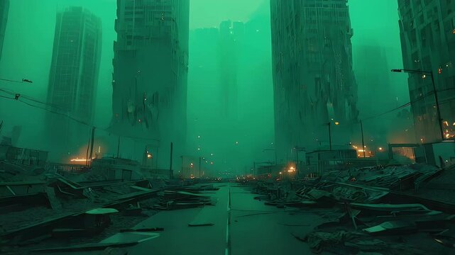 Apocalyptic cityscape with ruined buildings in a fog with a green tint post-disaster