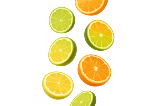Falling slices of lemon, lime, and orange on a transparent background, creating a refreshing and vibrant image