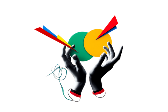 Hands holding colorful geometric shapes and abstract elements isolated on a transparent background image