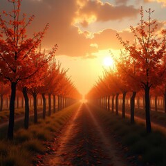A picturesque autumn scene with rows of trees adorned with vibrant orange leaves, a dirt path leading into the distance, and a warm sunset casting a golden glow. Generative, AI,