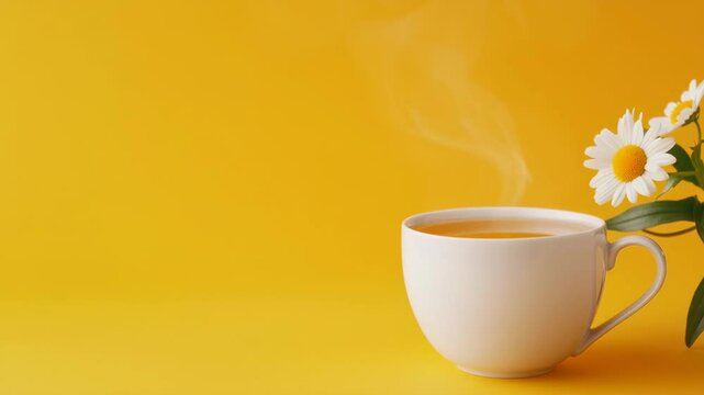 Chamomile Tea and Tranquility A steaming cup of chamomile tea sits beside a delicate sprig of chamomile flowers, creating a scene of serenity and warmth.