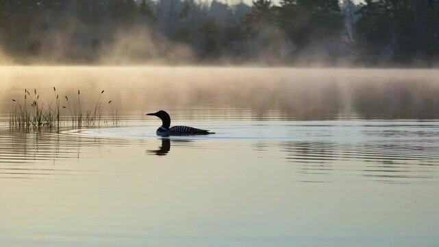 Loon swimming gracefully in a misty lake at sunrise