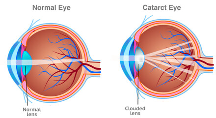 Cataract anatomy. Clouding of the eye’s lens which often results in blurry or hazy vision.  Brown iris diagram.  Vector illustration	