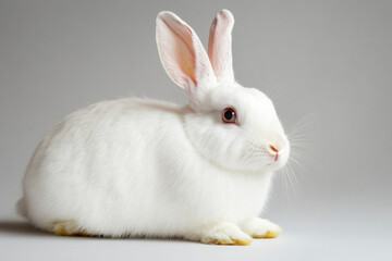 Obraz premium Isolated image of a rabbit with fluffy white fur and large ears, sitting on a clean, white background. 