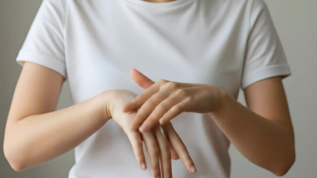 A person in a white t-shirt rubs their hands together, focusing on skincare or hygiene.