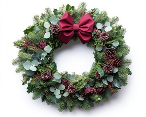 Christmas wreath with greenery, pine cones, and a red bow
