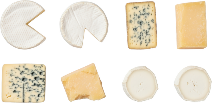 Assortment Of Different Types Of Cheese Including Brie Blue Cheese Parmesan And Goat Cheese On A Transparent Background
