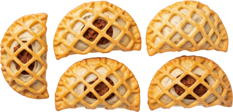 Empanadas with a lattice crust containing a meat filling are arranged against a black backdrop