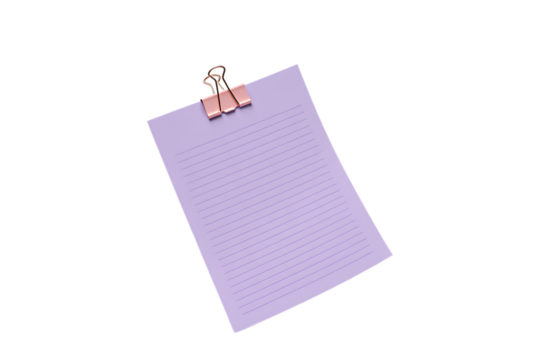 Lilac paper sheet with rose gold binder clip isolated on a transparent background purple lined - Powered by Adobe