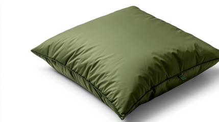 Lightweight, compact camping pillow in olive green, designed for outdoor use, isolated on white background. 