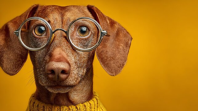 Smart dog in glasses on yellow backgeound. Horizontal banner. Back to school theme