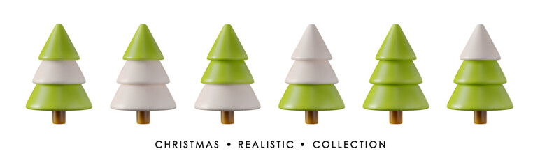 Green 3D Christmas trees in various shapes PNG. Isolated holiday realistic vector illustration for New Year greeting cards, posters, and web design.