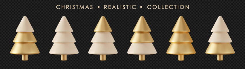 Glossy golden Christmas tree 3d vector set. Realistic pine shapes with sparkling isolated. Vector icons for New Year design, invitations, web decor.