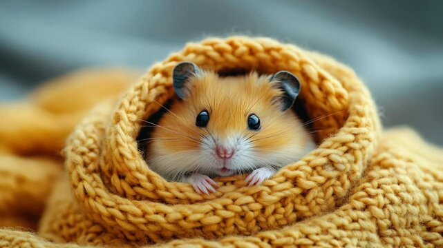 Cute Hamster Snuggled in Cozy Knitted Blanket