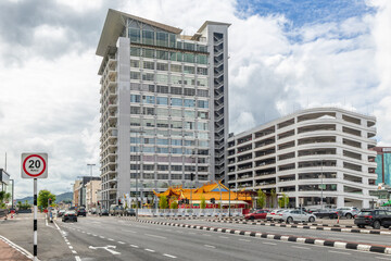 Brunei city street and modern downtown office buildings, Bandar Seri Begawan, Borneo, Sultanate Brunei Darussalam