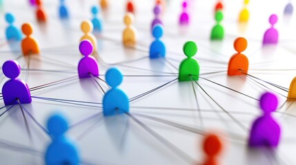 A colorful network of people connected by lines, with a white background and various colors including blue, orange, purple, and green.