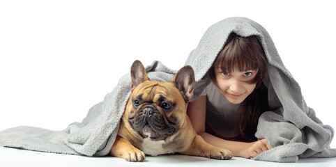 Girl and a funny French bulldog hiding under a gray blanket.