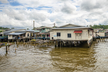Kampong Ayer the floating village wooden Malay traditional houses standing on stilts on the river, Bandar Seri Begawan, Borneo, Sultanate Brunei Darussalam