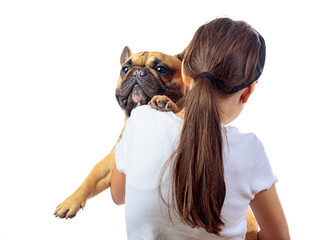 A girl holds a funny French bulldog in her arms.