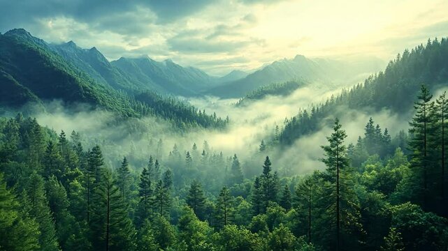 Mist-Veiled Peaks: Ethereal mist weaves through the lush, evergreen forests cradled by towering mountain peaks, a tranquil tableau of nature's serene beauty.
