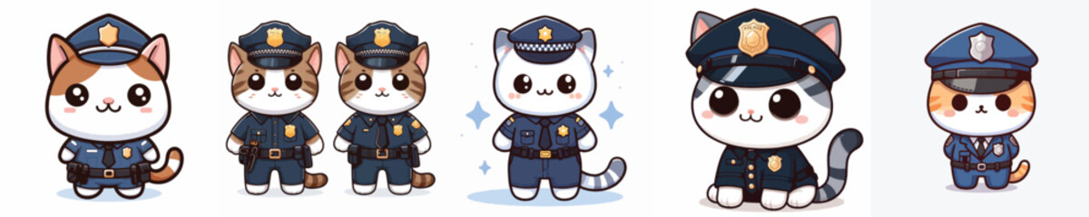 cute cat dressed as police icon set
