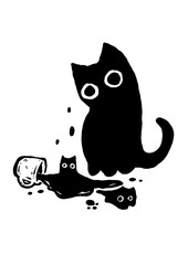 Black cat looking surprised at spilled liquid