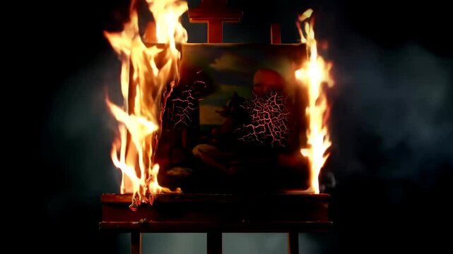 A classic portrait painting with surreal glowing cracks burns on a wooden easel against a black background