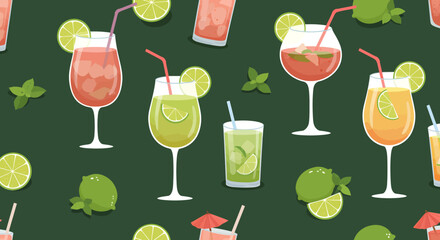 Refreshing cocktail pattern with lime slices straws and vibrant colors on a dark green background.
