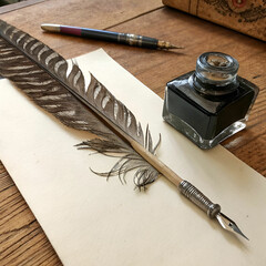 Vintage writing scene with feather quill ink bottle and parchment paper on wooden table evoking historical literary and poetic charm