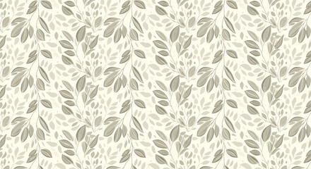 Seamless botanical pattern with stylized leaves and branches in muted beige and gray tones.