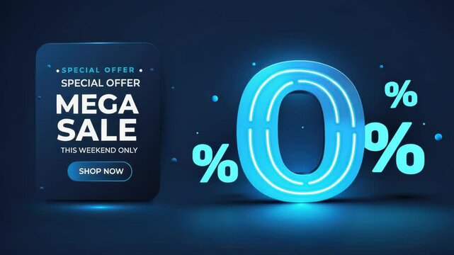 Neon-themed mega sale advertisement with 0% offer, emphasizing discounts