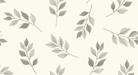 Seamless pattern of stylized greygreen leaves with delicate vein details on branches.