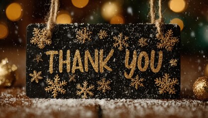 A festive sign with "THANK YOU" and falling snowflakes