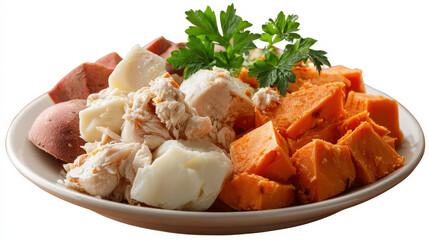Plate of cooked food with various ingredients including sweet potato, chicken, and herbs, presented in white dish with fresh parsley garnish