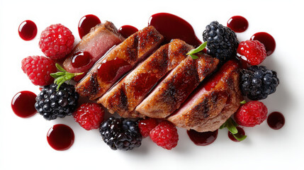 Seared meat with mixed berries and berry sauce garnished with fresh herbs white background close up high detail gourmet presentation vibrant