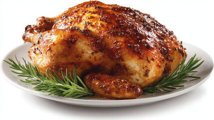 Roasted chicken with crispy skin on white plate garnished with fresh rosemary, served as main dish, high protein meal, appetizing and flavorful