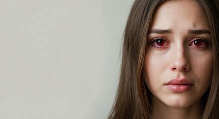 Fototapeta premium Young woman with tears looking sad against a neutral background 