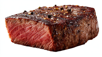 Juicy cooked steak with seasoning and crust close up white background showing tender interior and flavorful exterior delicious and appetizing meal