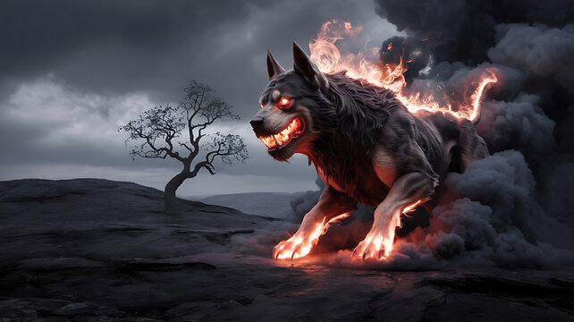Fierce, fire-breathing dog emerges from dark smoke.
