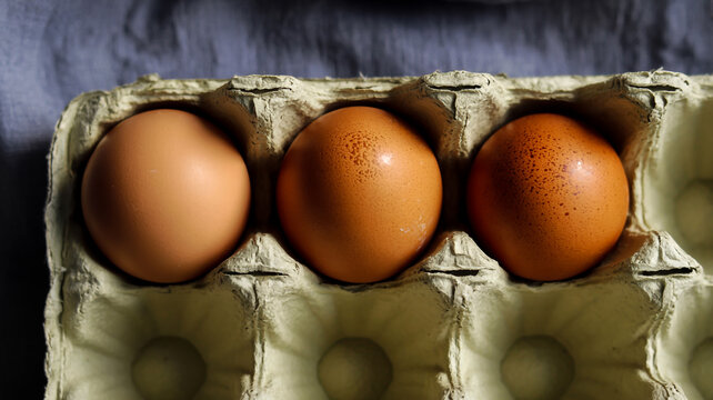 A close-up photograph of three brown eggs in a cardboard egg carton container, shot from above. - Powered by Adobe