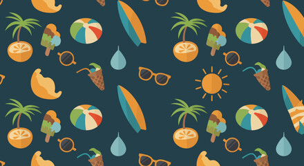 Summer themed pattern with beach balls surfboards sunglasses and ice cream.