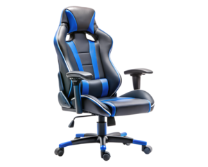 Photo of a blue and black leather gaming chair is isolated on transparent background, offering comfort and ergonomic support