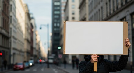 Person holding blank sign on empty city street during daytime  
