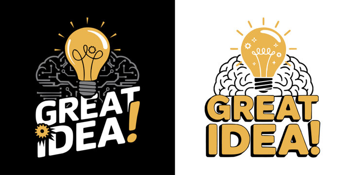 Creative great idea concept design with glowing yellow lightbulb and brain illustration for innovation, brainstorming, startup inspiration, intelligence, thinking, and smart business branding