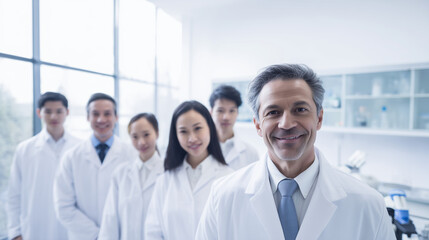 Group of smiling scientists or medical professionals in lab coats posing confidently in a laboratory setting.