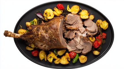 Succulent roasted leg of lamb with colorful grilled vegetables on a black serving platter, isolated on white.
