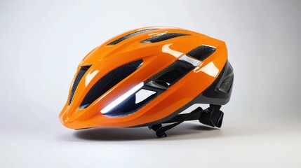 Fototapeta premium Professional high-visibility orange safety helmet with reflective decals, isolated on clean white background for industrial use