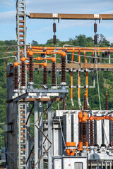 High voltage switch. High voltage electrical transformer substation. Power station. Power line.