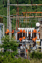 High voltage switch. High voltage electrical transformer substation. Power station. Power line.